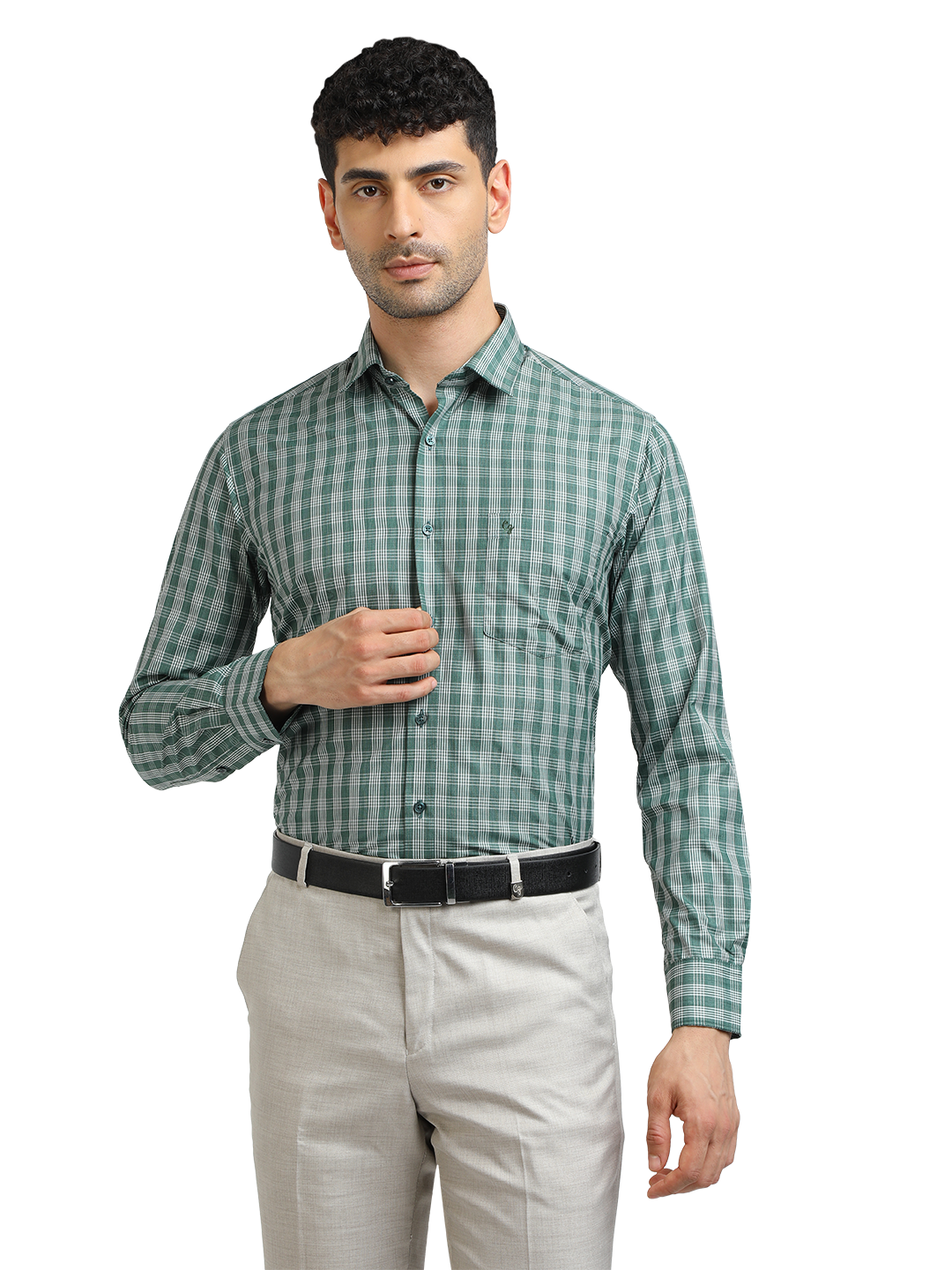 Model wearing Clarke Gable's Pista With White Checked Formal Shirt in a casual setting
