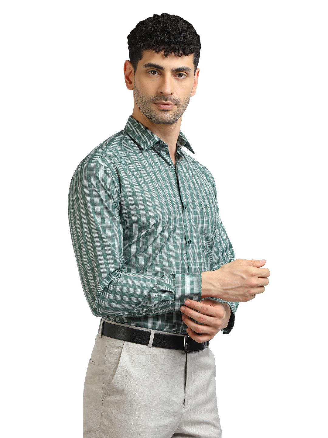 Model wearing Clarke Gable's Pista With White Checked Formal Shirt in a casual setting
