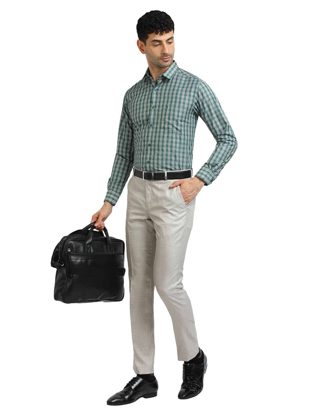 Model wearing Clarke Gable's Pista With White Checked Formal Shirt in a casual setting