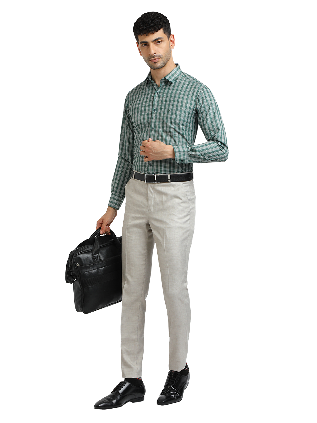 Model wearing Clarke Gable's Pista With White Checked Formal Shirt in a casual setting