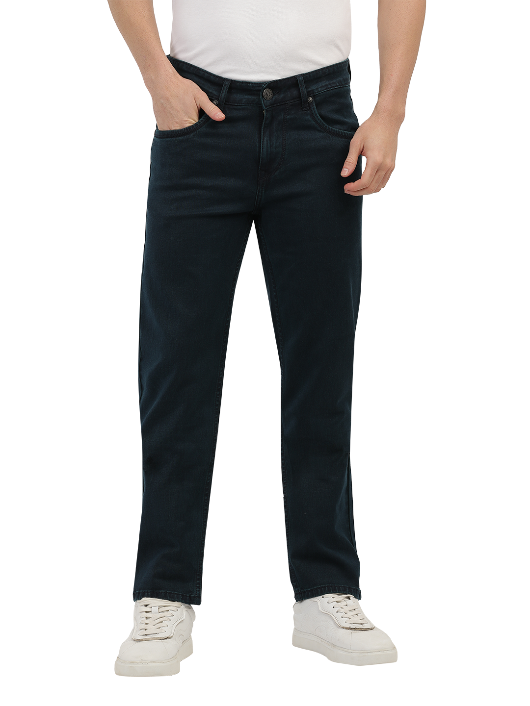 Model wearing Clarke Gable's Polor Blue Smart Fit Jeans in a casual setting