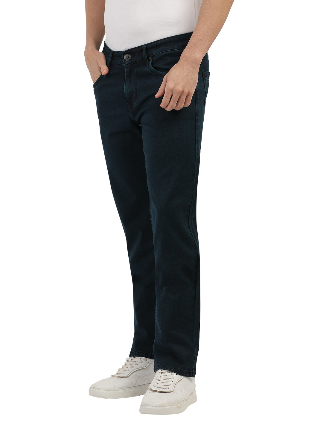Model wearing Clarke Gable's Polor Blue Smart Fit Jeans in a casual setting