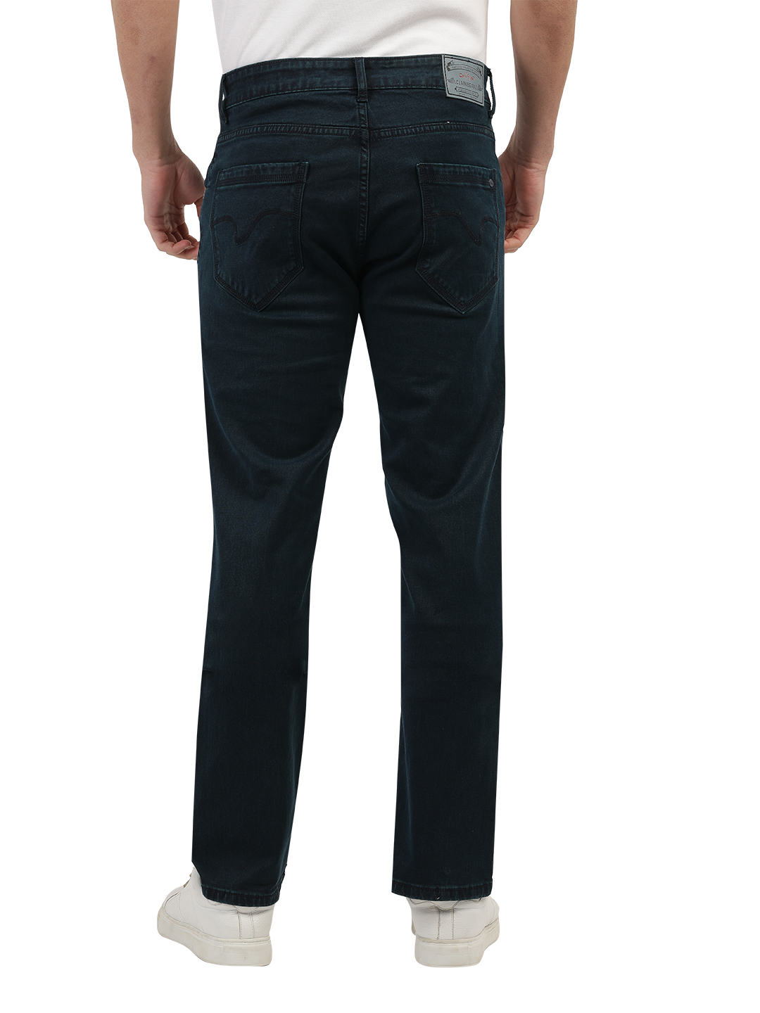 Model wearing Clarke Gable's Polor Blue Smart Fit Jeans in a casual setting