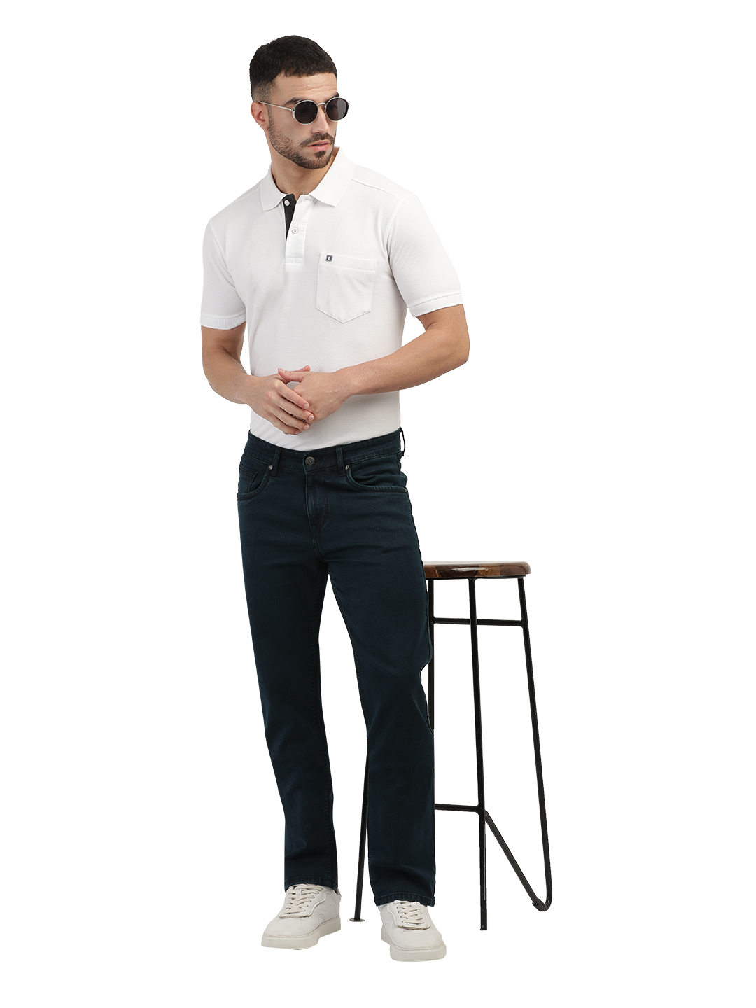 Model wearing Clarke Gable's Polor Blue Smart Fit Jeans in a casual setting