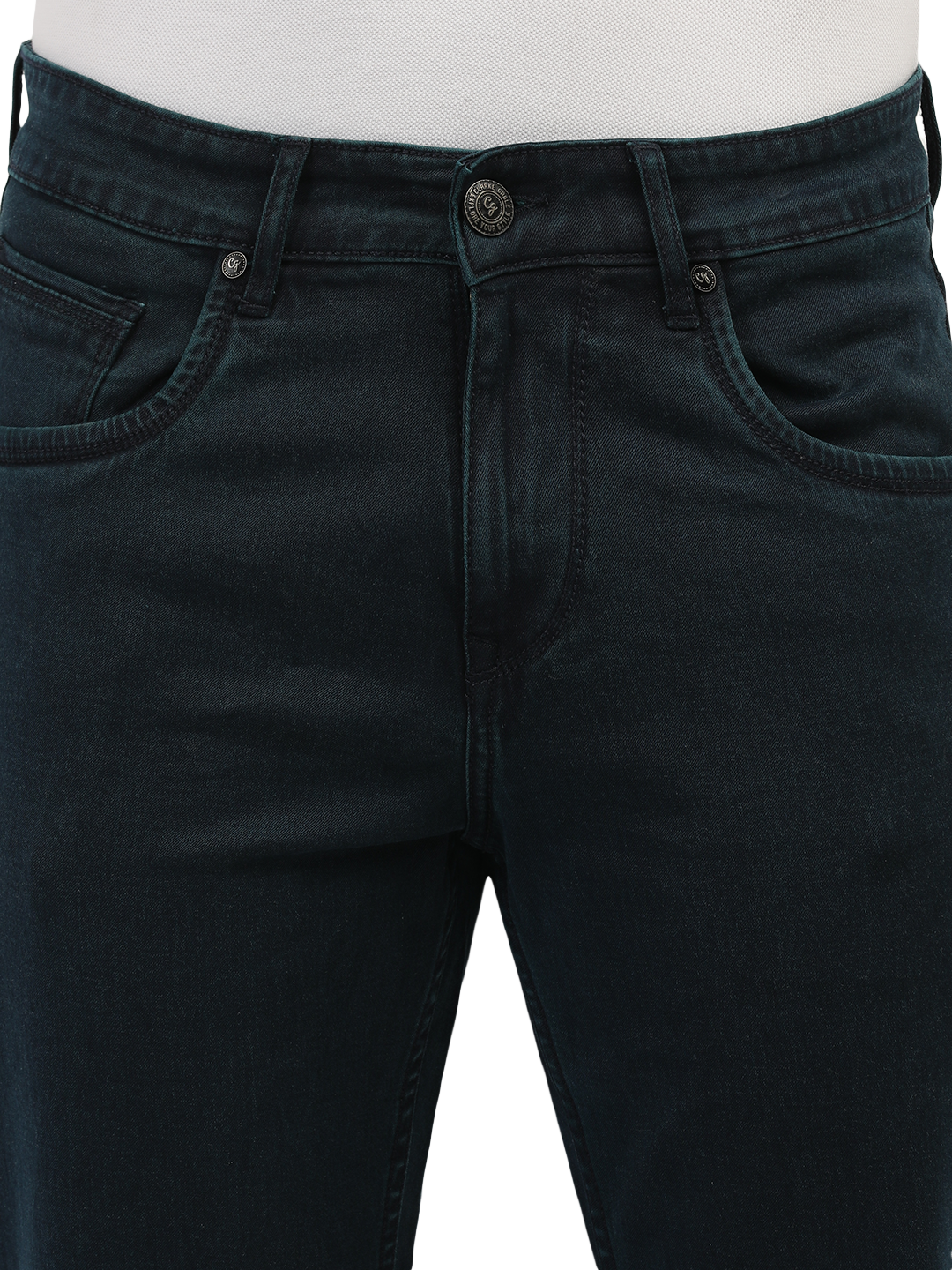 Model wearing Clarke Gable's Polor Blue Smart Fit Jeans in a casual setting