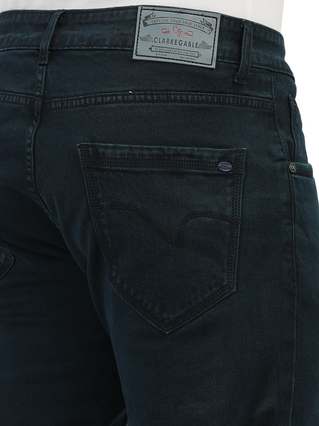 Model wearing Clarke Gable's Polor Blue Smart Fit Jeans in a casual setting