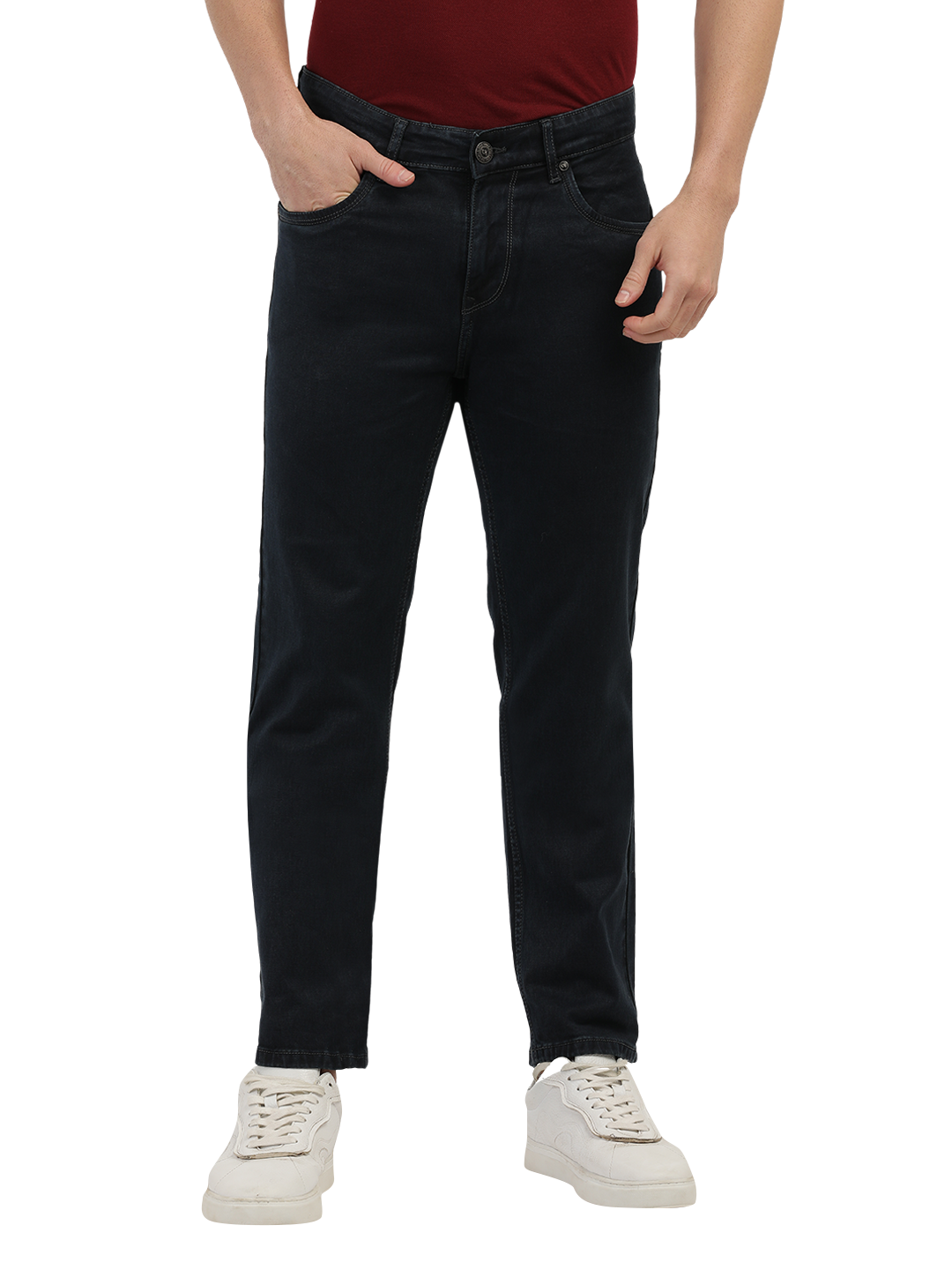 Model wearing Clarke Gable's Polor Grey Smart Fit Jeans in a casual setting