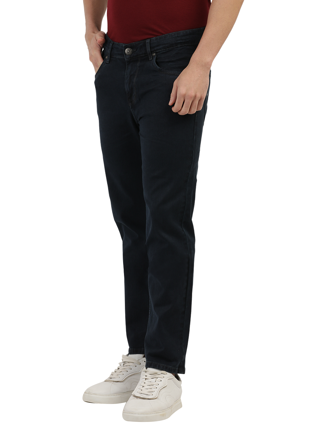 Model wearing Clarke Gable's Polor Grey Smart Fit Jeans in a casual setting