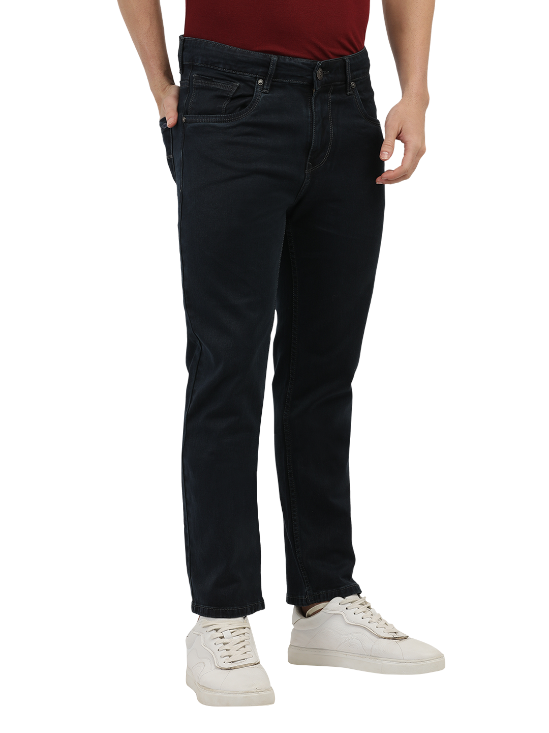 Model wearing Clarke Gable's Polor Grey Smart Fit Jeans in a casual setting