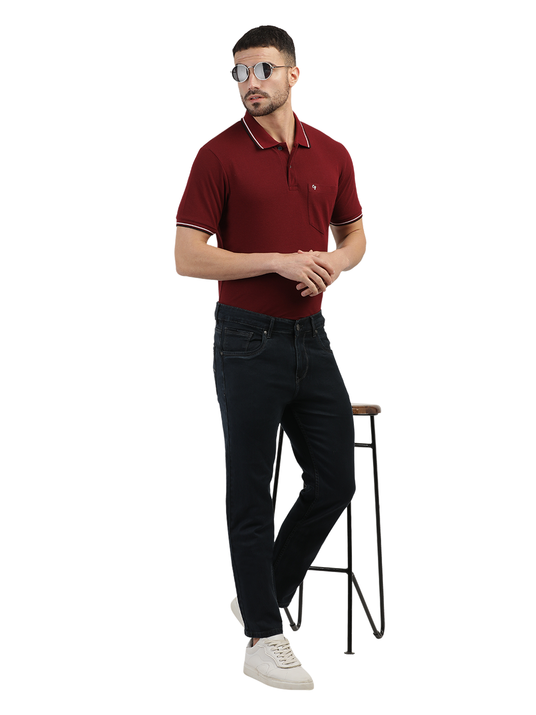 Model wearing Clarke Gable's Polor Grey Smart Fit Jeans in a casual setting