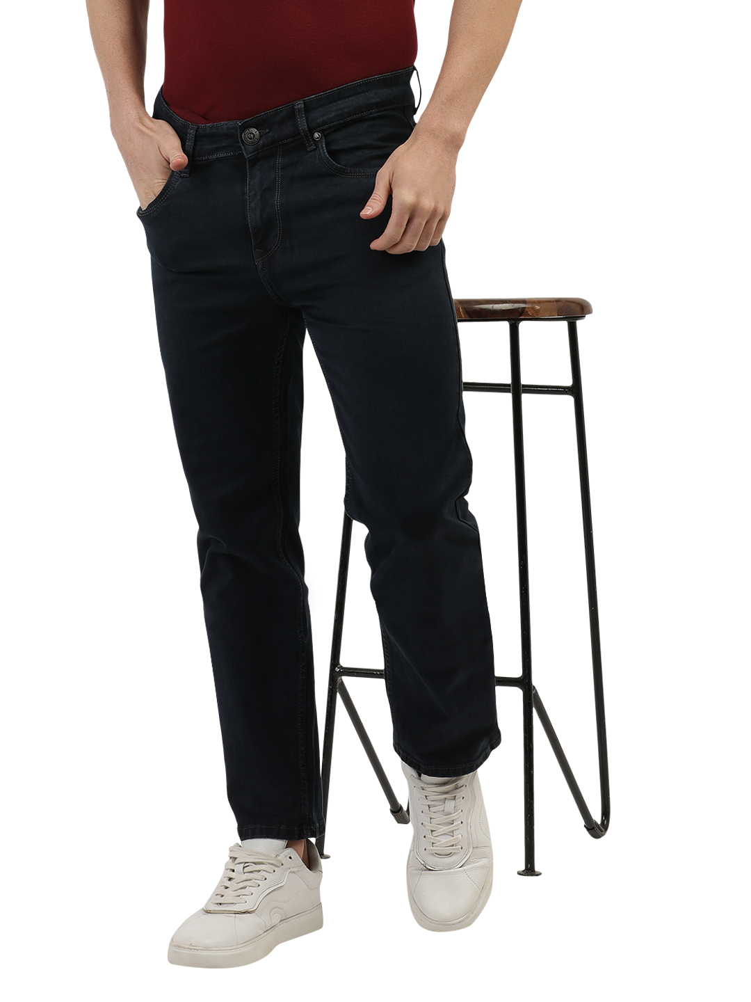 Model wearing Clarke Gable's Polor Grey Smart Fit Jeans in a casual setting