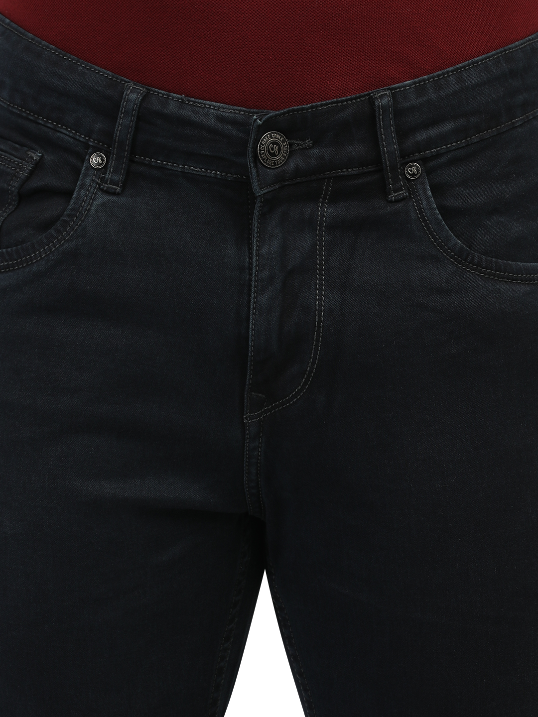 Model wearing Clarke Gable's Polor Grey Smart Fit Jeans in a casual setting