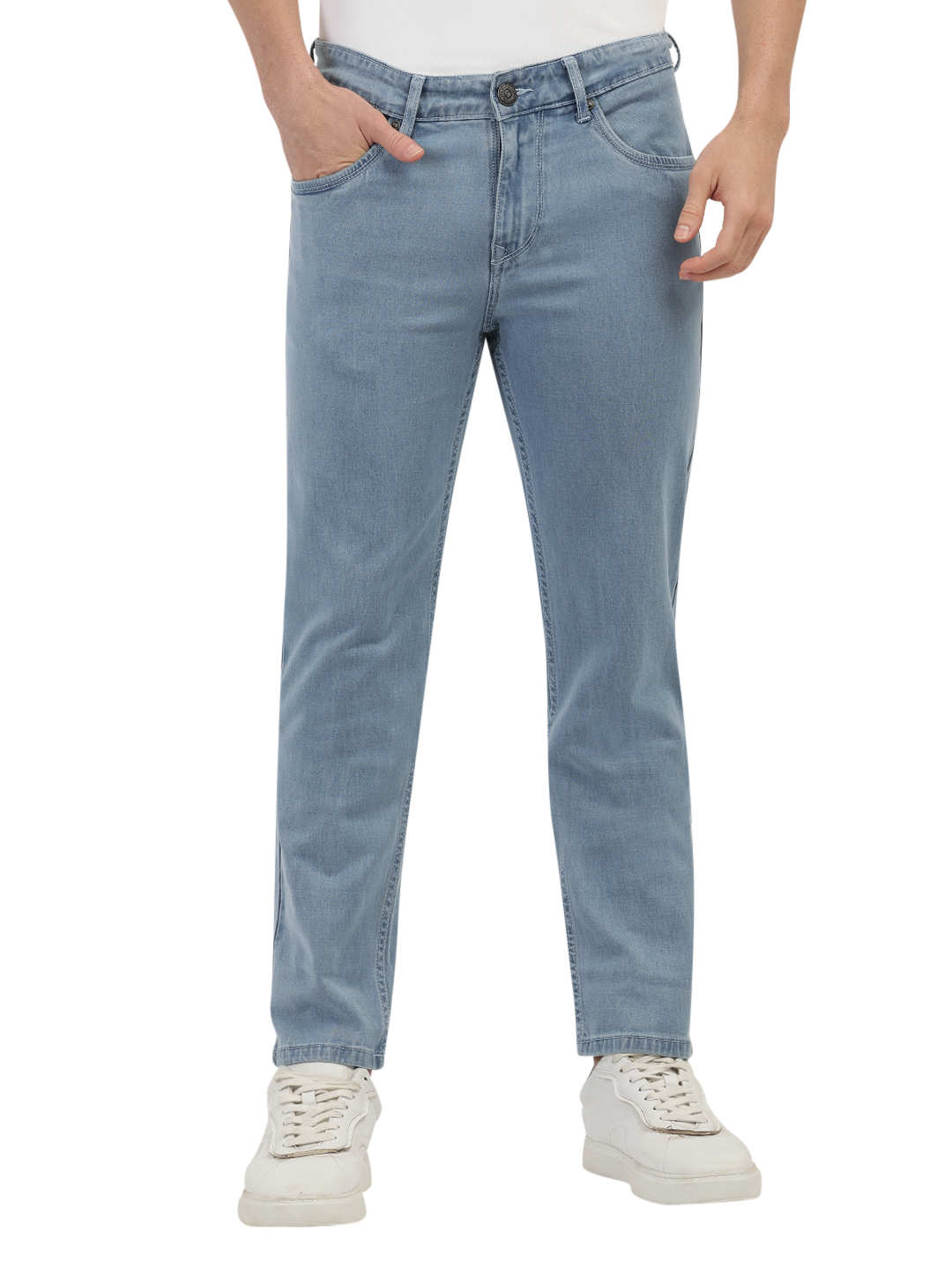 Model wearing Clarke Gable's Polor Ice Blue Smart Fit Jeans in a casual setting