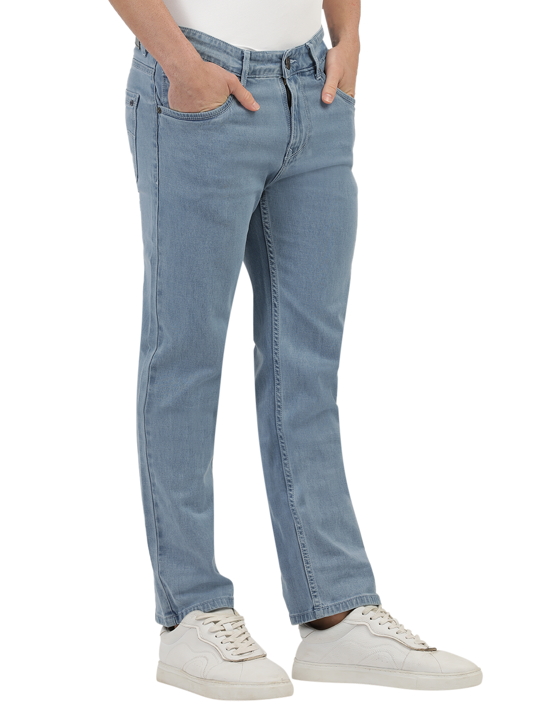 Model wearing Clarke Gable's Polor Ice Blue Smart Fit Jeans in a casual setting