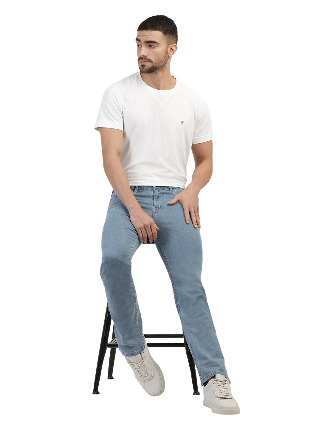 Model wearing Clarke Gable's Polor Ice Blue Smart Fit Jeans in a casual setting