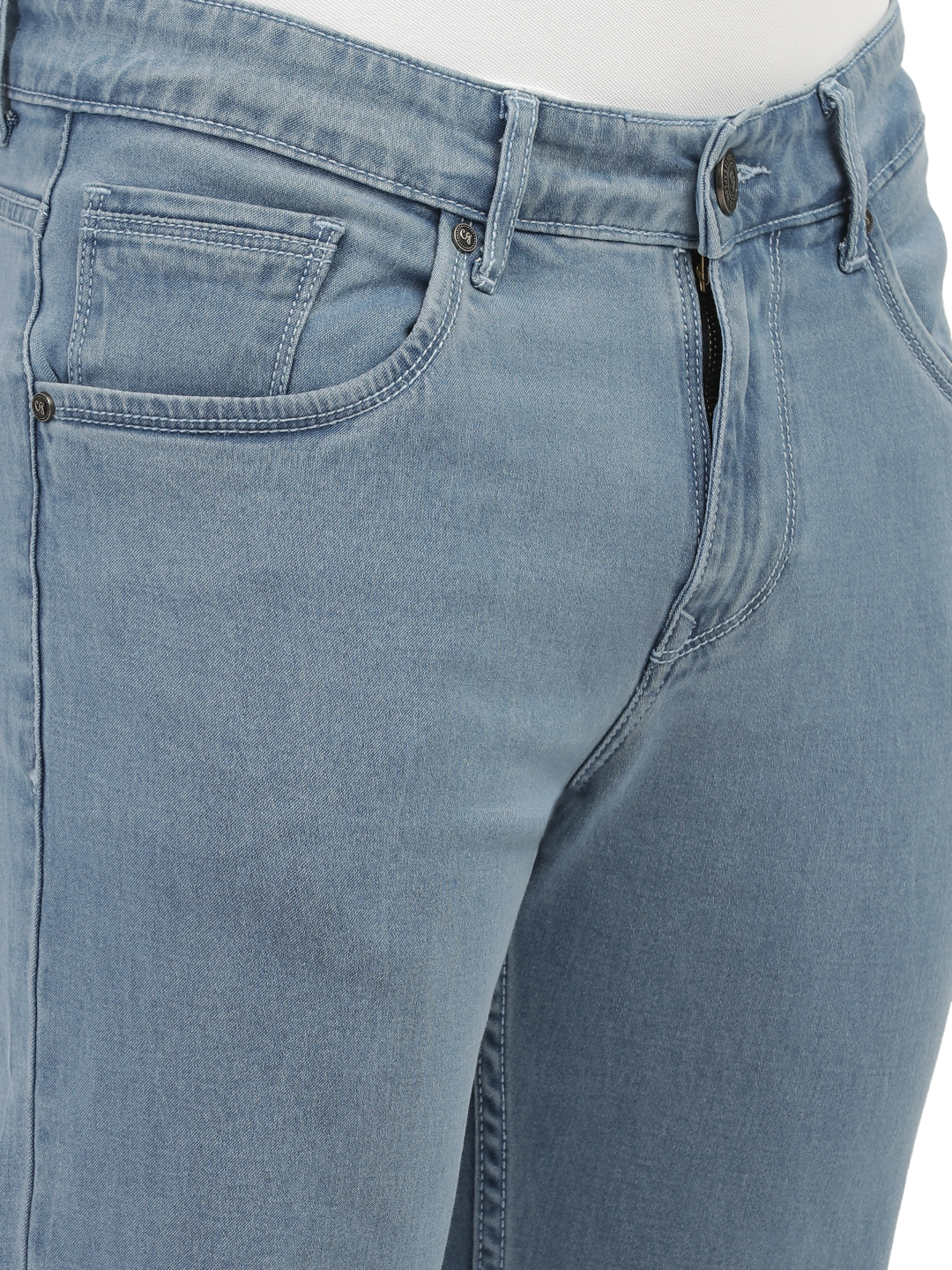 Model wearing Clarke Gable's Polor Ice Blue Smart Fit Jeans in a casual setting