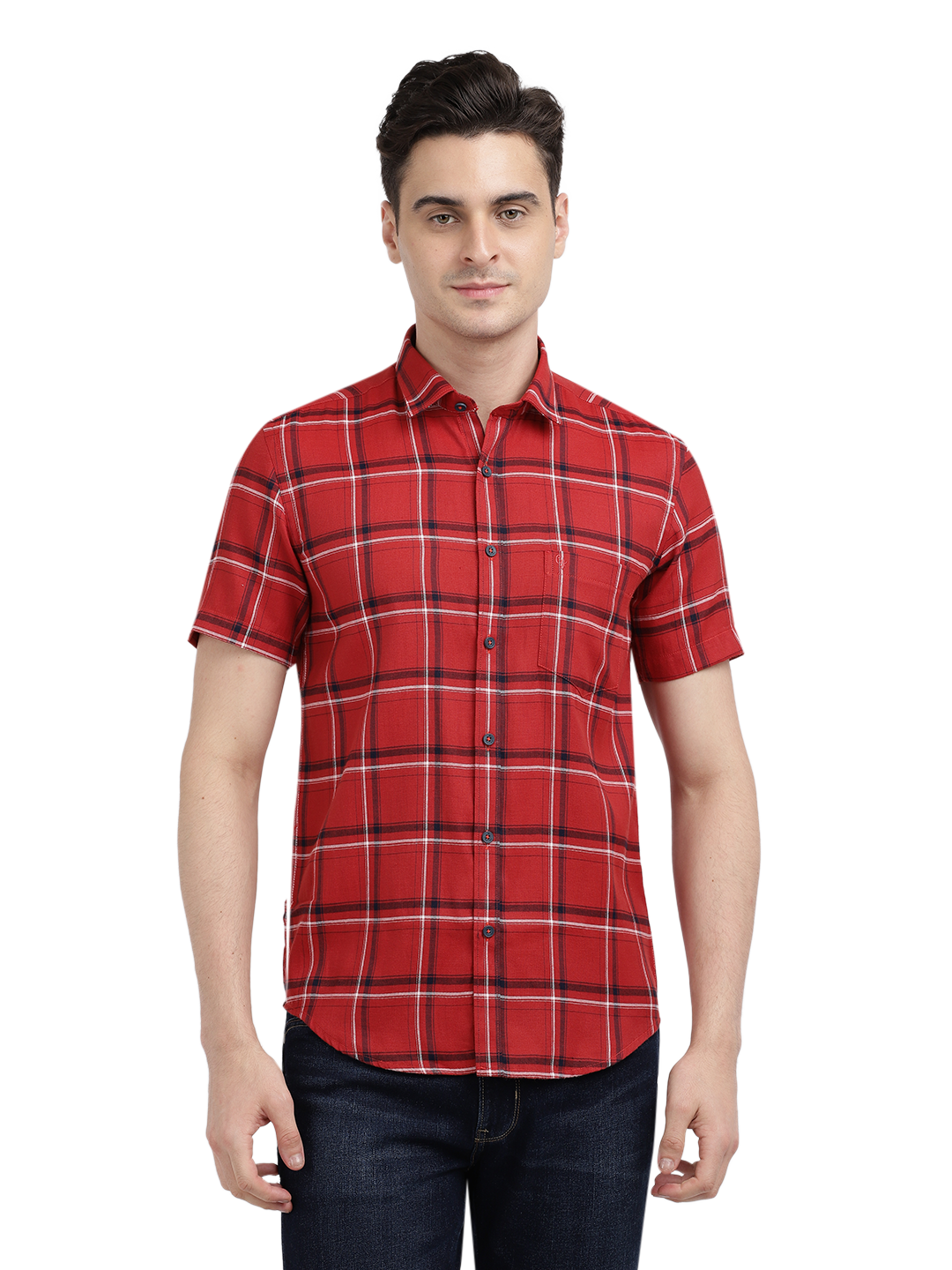 Model wearing Clarke Gable's Red With Black Checked Casual Shirt in a casual setting