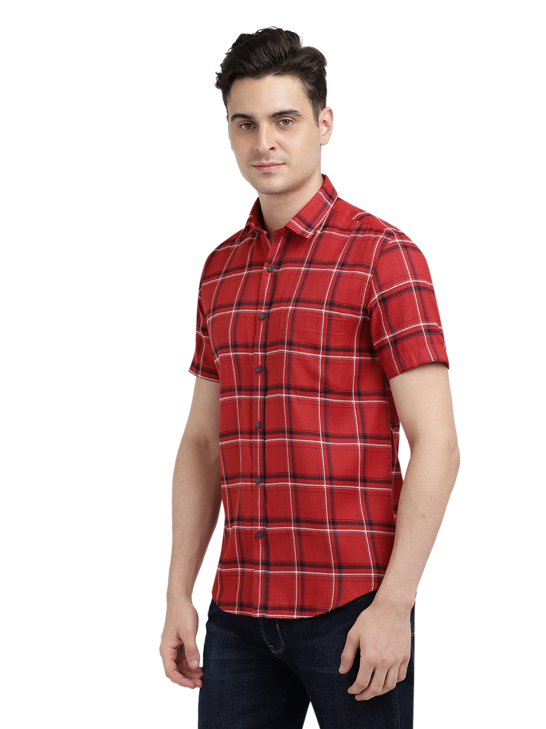Model wearing Clarke Gable's Red With Black Checked Casual Shirt in a casual setting