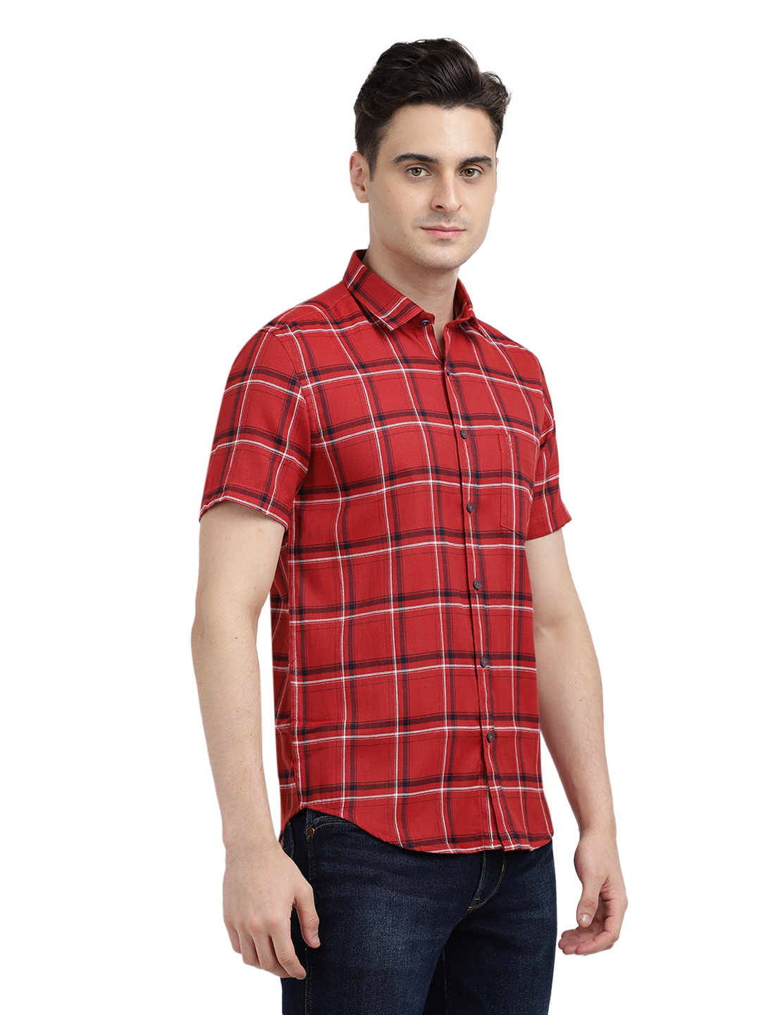 Model wearing Clarke Gable's Red With Black Checked Casual Shirt in a casual setting