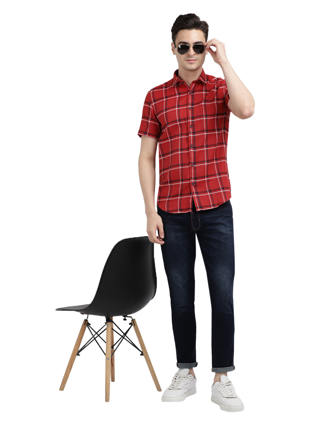 Model wearing Clarke Gable's Red With Black Checked Casual Shirt in a casual setting