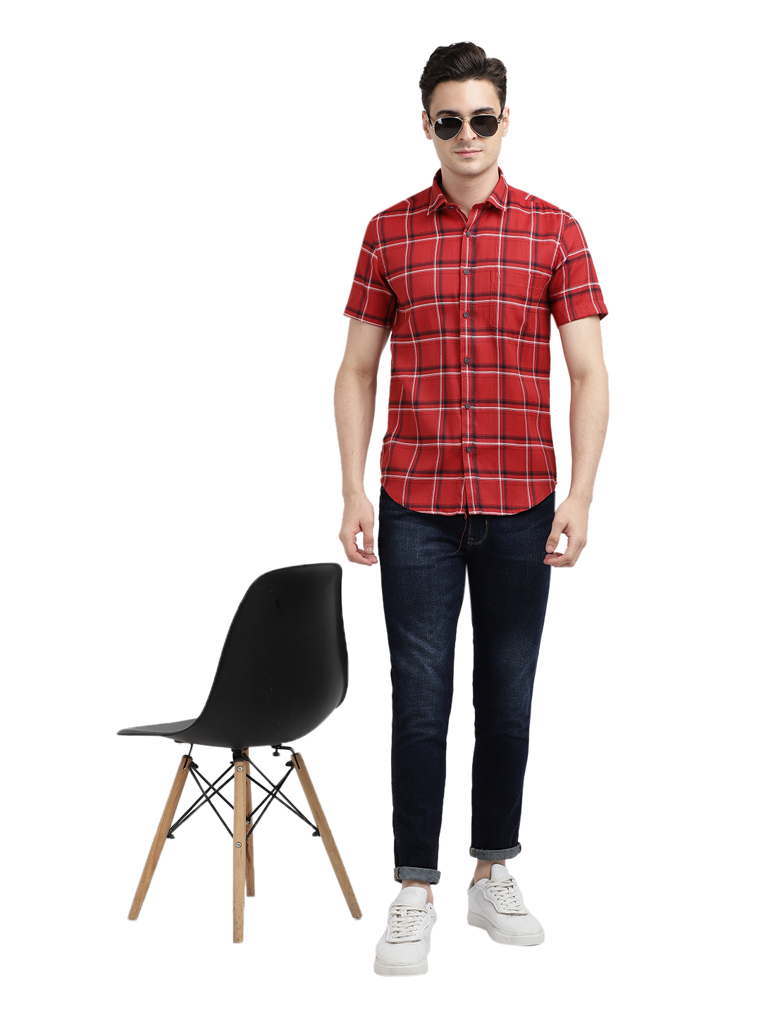 Model wearing Clarke Gable's Red With Black Checked Casual Shirt in a casual setting