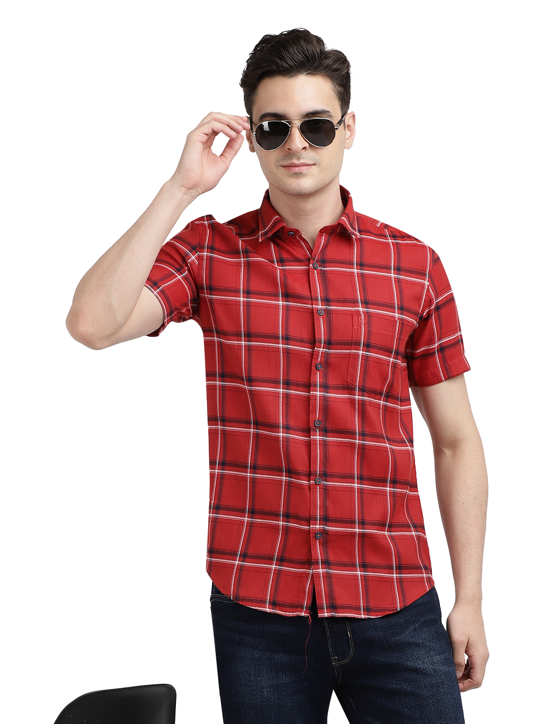 Model wearing Clarke Gable's Red With Black Checked Casual Shirt in a casual setting