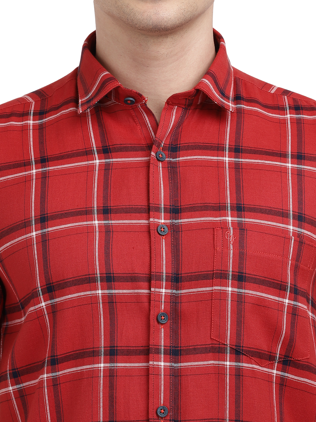 Model wearing Clarke Gable's Red With Black Checked Casual Shirt in a casual setting