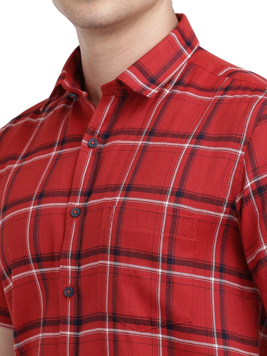 Model wearing Clarke Gable's Red With Black Checked Casual Shirt in a casual setting
