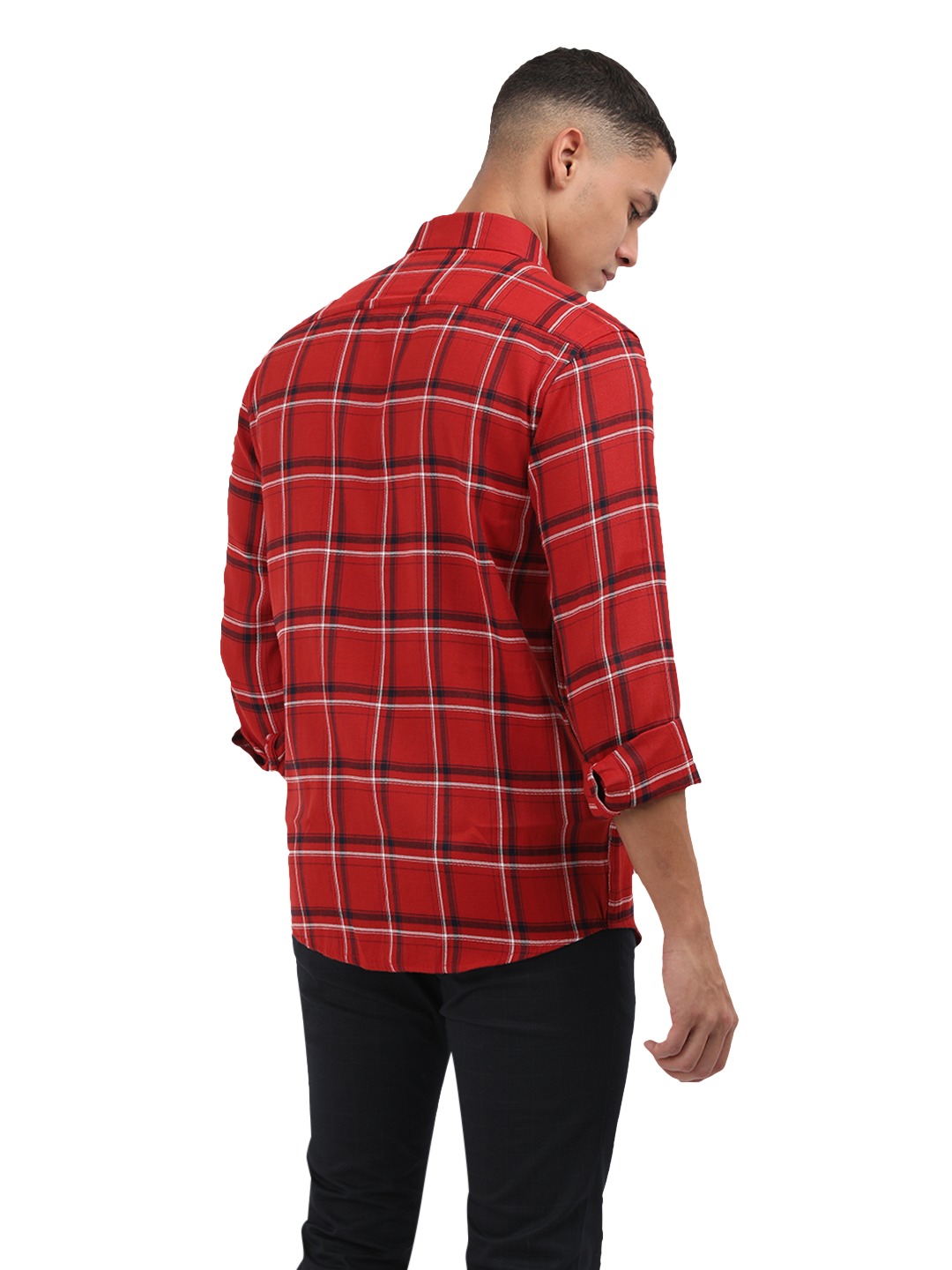Model wearing Clarke Gable's Red With Black Checked Semi Casual Shirt in a casual setting