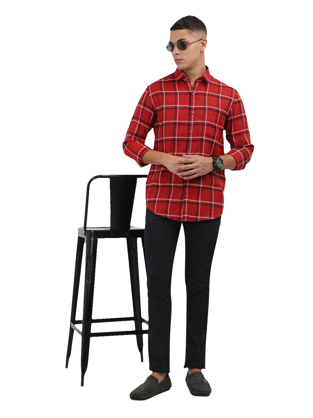Model wearing Clarke Gable's Red With Black Checked Semi Casual Shirt in a casual setting