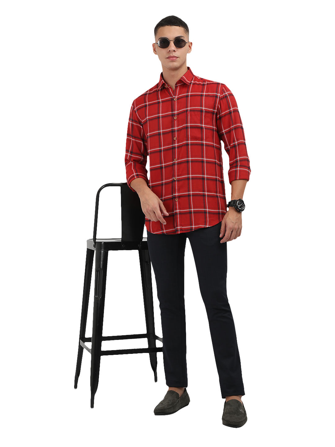 Model wearing Clarke Gable's Red With Black Checked Semi Casual Shirt in a casual setting