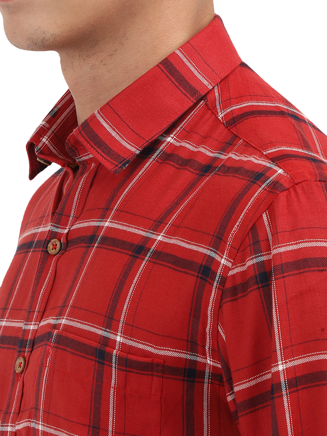 Model wearing Clarke Gable's Red With Black Checked Semi Casual Shirt in a casual setting