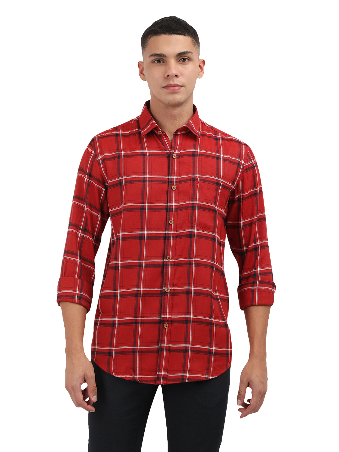 Model wearing Clarke Gable's Red With Black Checked Semi Casual Shirt in a casual setting