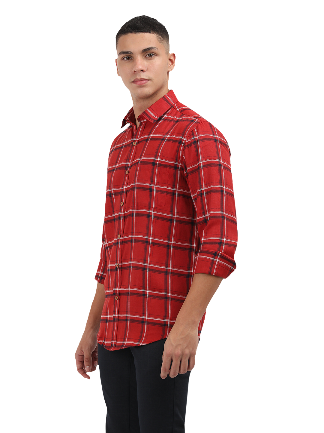 Model wearing Clarke Gable's Red With Black Checked Semi Casual Shirt in a casual setting