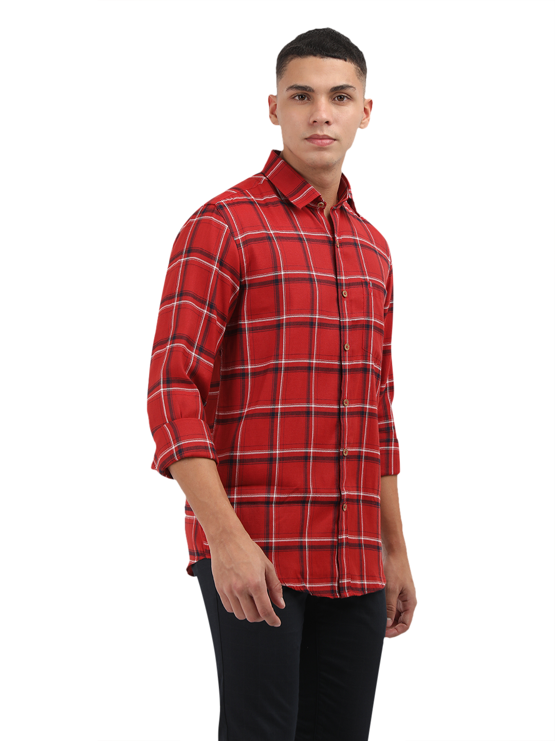 Model wearing Clarke Gable's Red With Black Checked Semi Casual Shirt in a casual setting