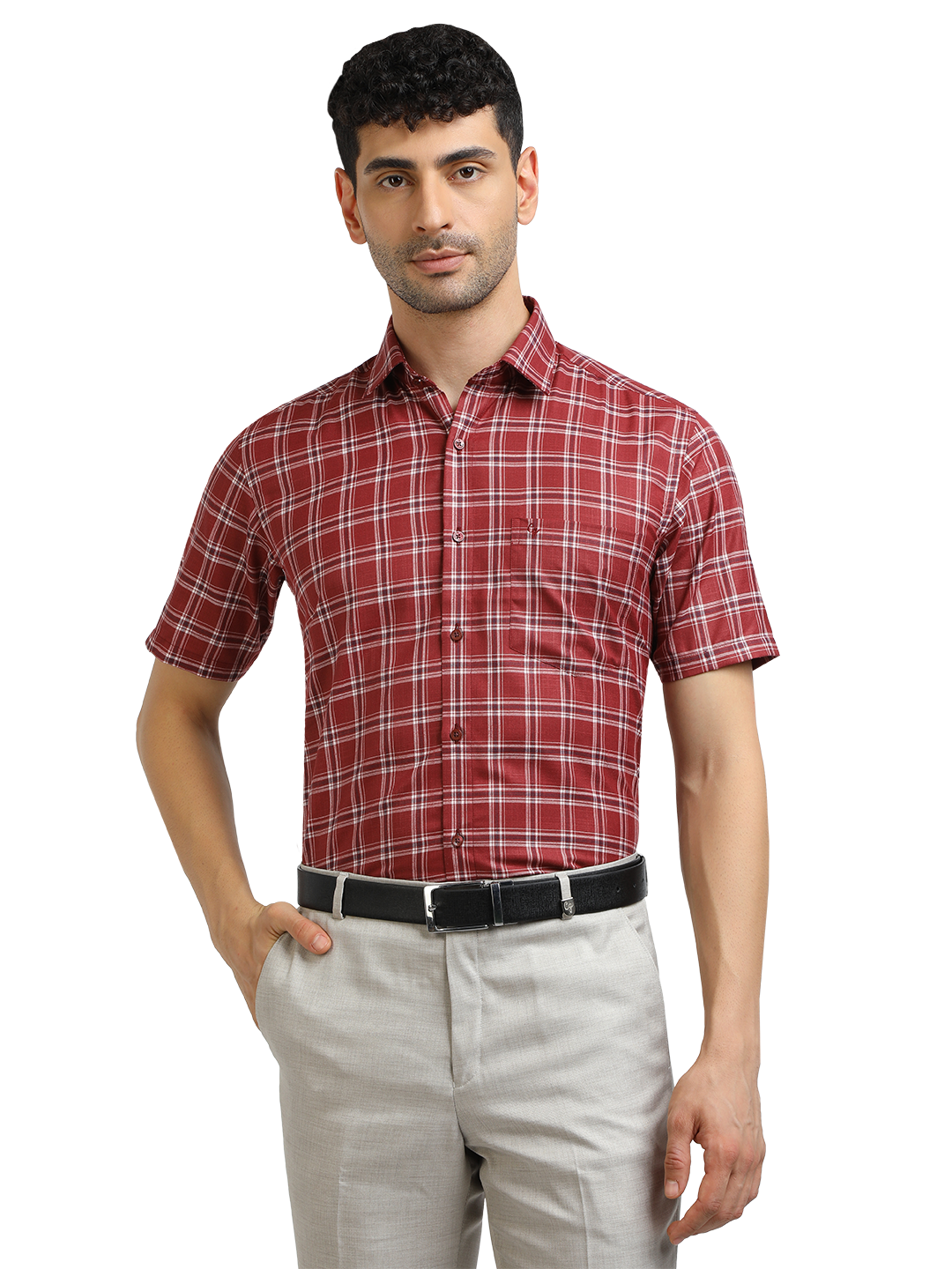 Model wearing Clarke Gable's Red With White Checked Formal Shirt in a casual setting