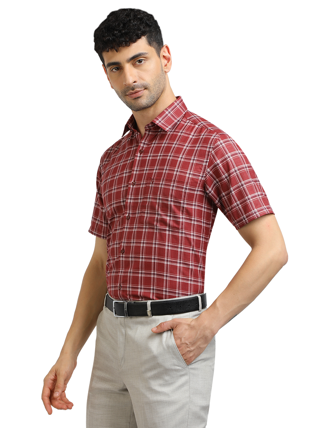 Model wearing Clarke Gable's Red With White Checked Formal Shirt in a casual setting