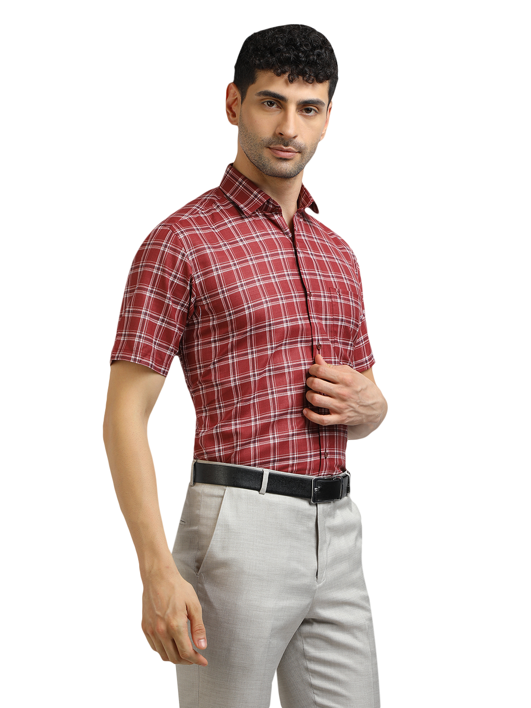 Model wearing Clarke Gable's Red With White Checked Formal Shirt in a casual setting