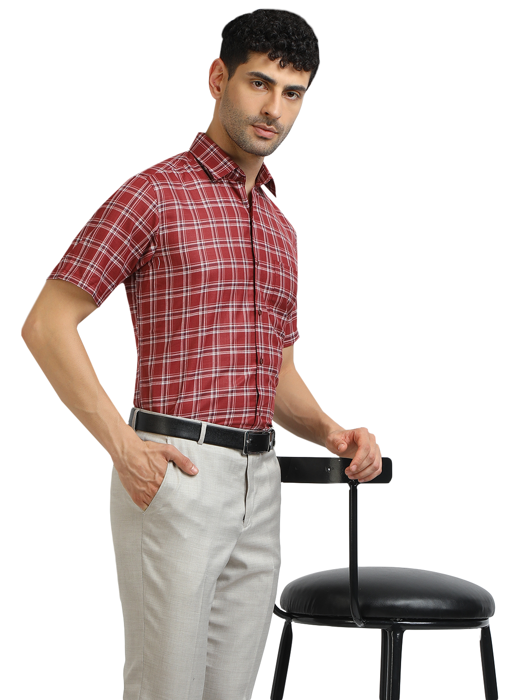 Model wearing Clarke Gable's Red With White Checked Formal Shirt in a casual setting
