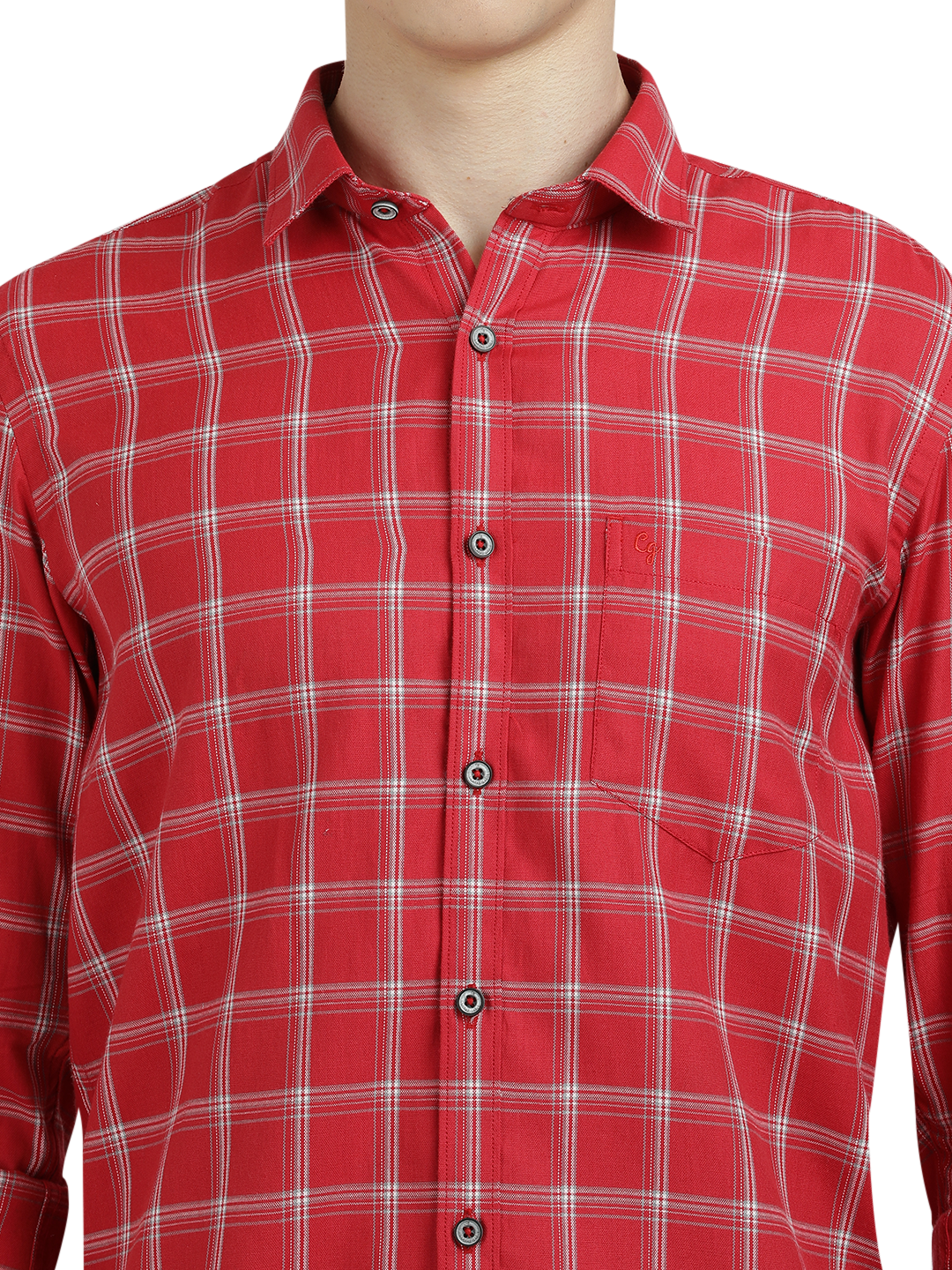 Model wearing Clarke Gable's Red With White Checked Semi Casual Shirt in a casual setting