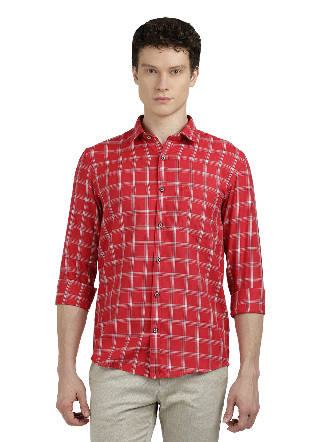 Model wearing Clarke Gable's Red With White Checked Semi Casual Shirt in a casual setting