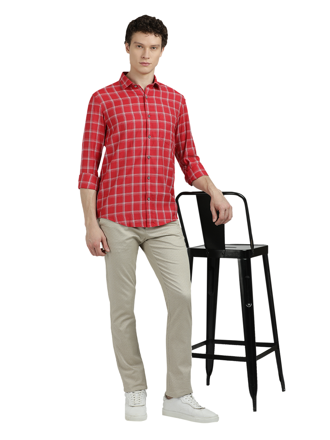 Model wearing Clarke Gable's Red With White Checked Semi Casual Shirt in a casual setting