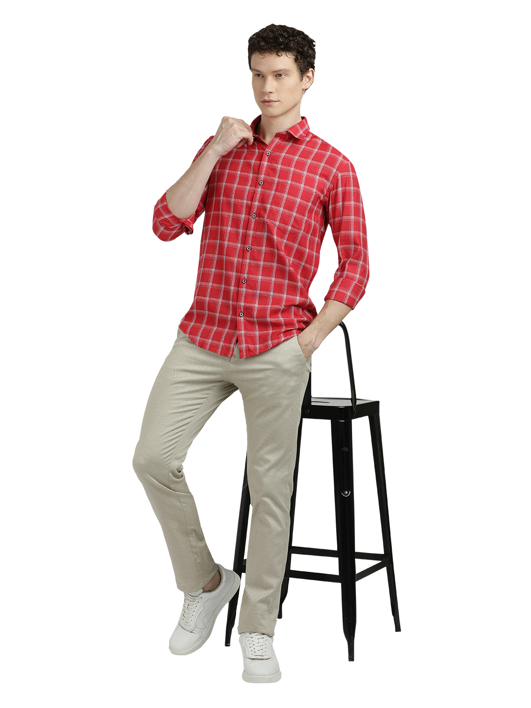 Model wearing Clarke Gable's Red With White Checked Semi Casual Shirt in a casual setting