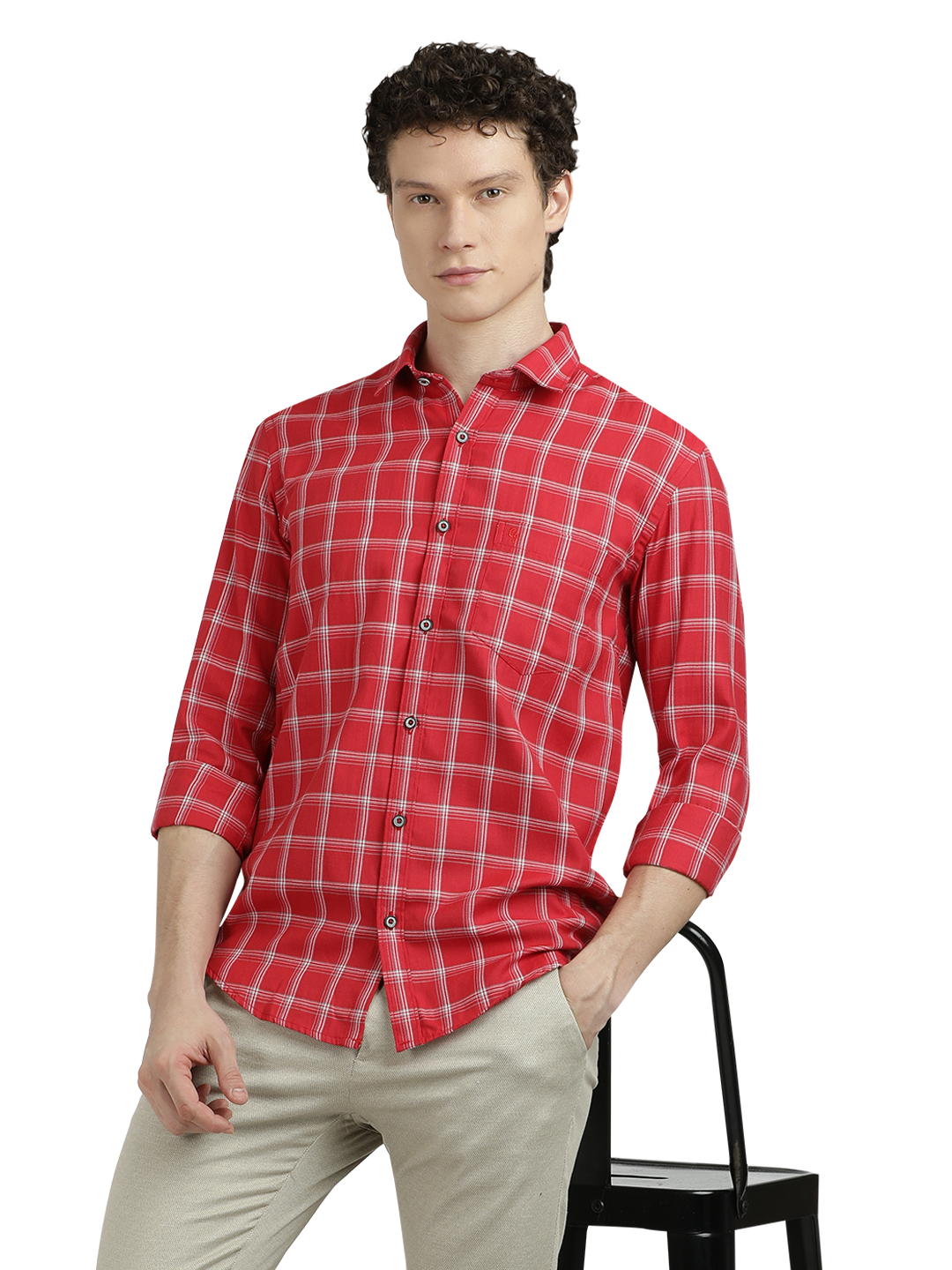 Model wearing Clarke Gable's Red With White Checked Semi Casual Shirt in a casual setting