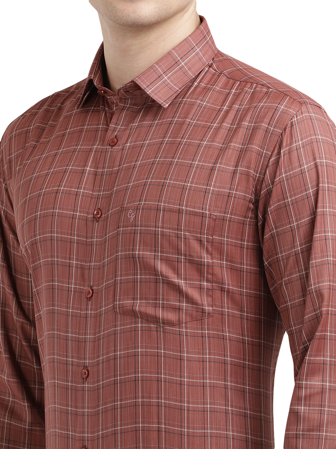 Model wearing Clarke Gable's Reddish Brown Checked Formal Shirt in a casual setting