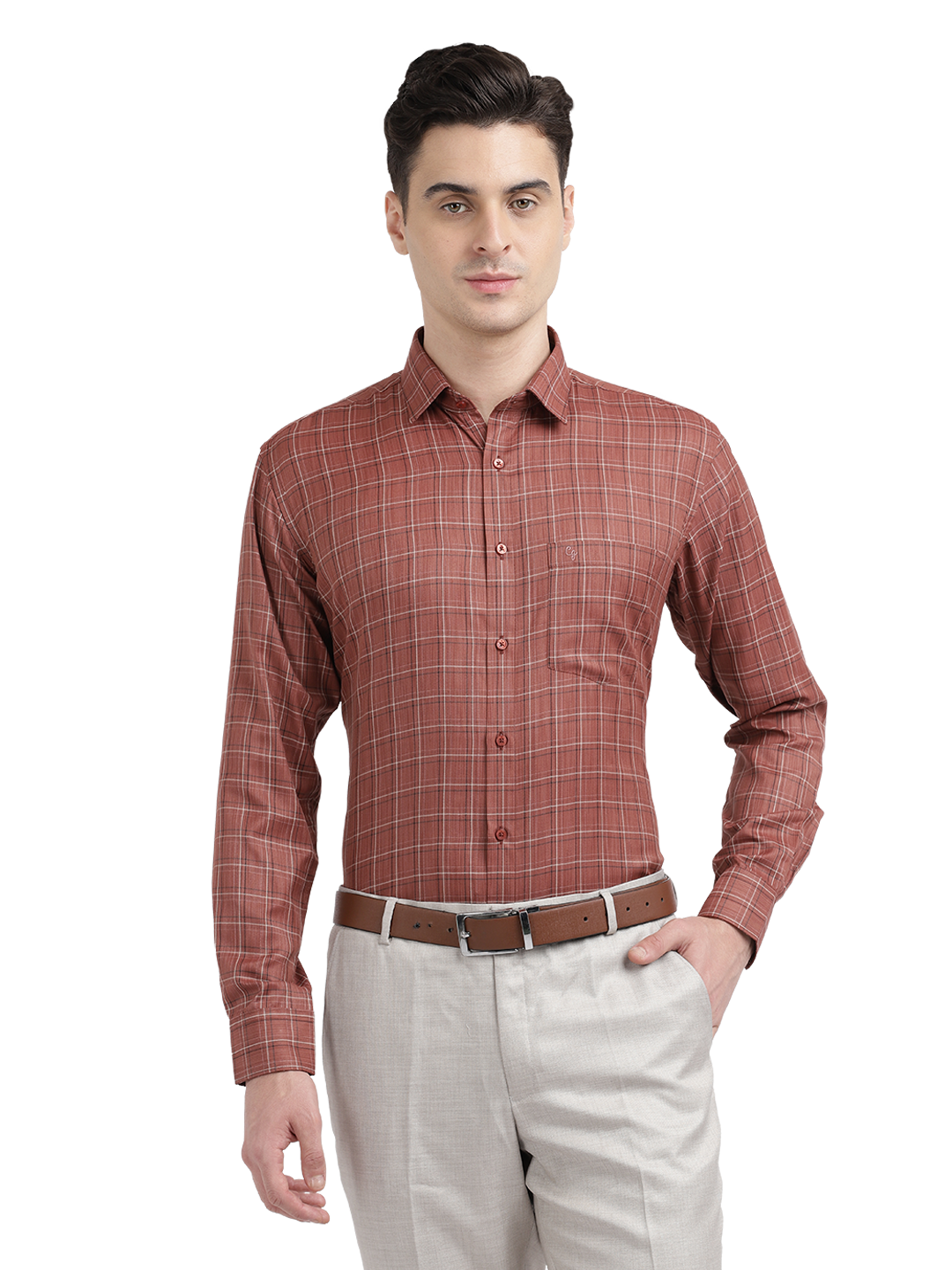Model wearing Clarke Gable's Reddish Brown Checked Formal Shirt in a casual setting