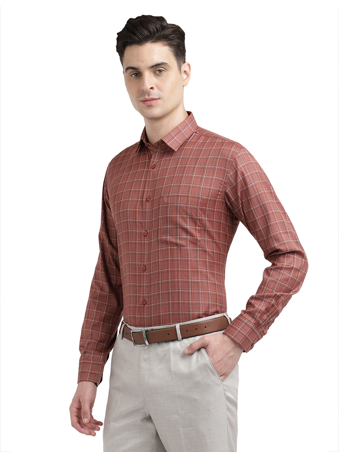 Model wearing Clarke Gable's Reddish Brown Checked Formal Shirt in a casual setting