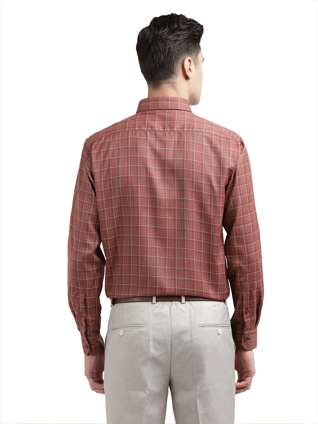 Model wearing Clarke Gable's Reddish Brown Checked Formal Shirt in a casual setting