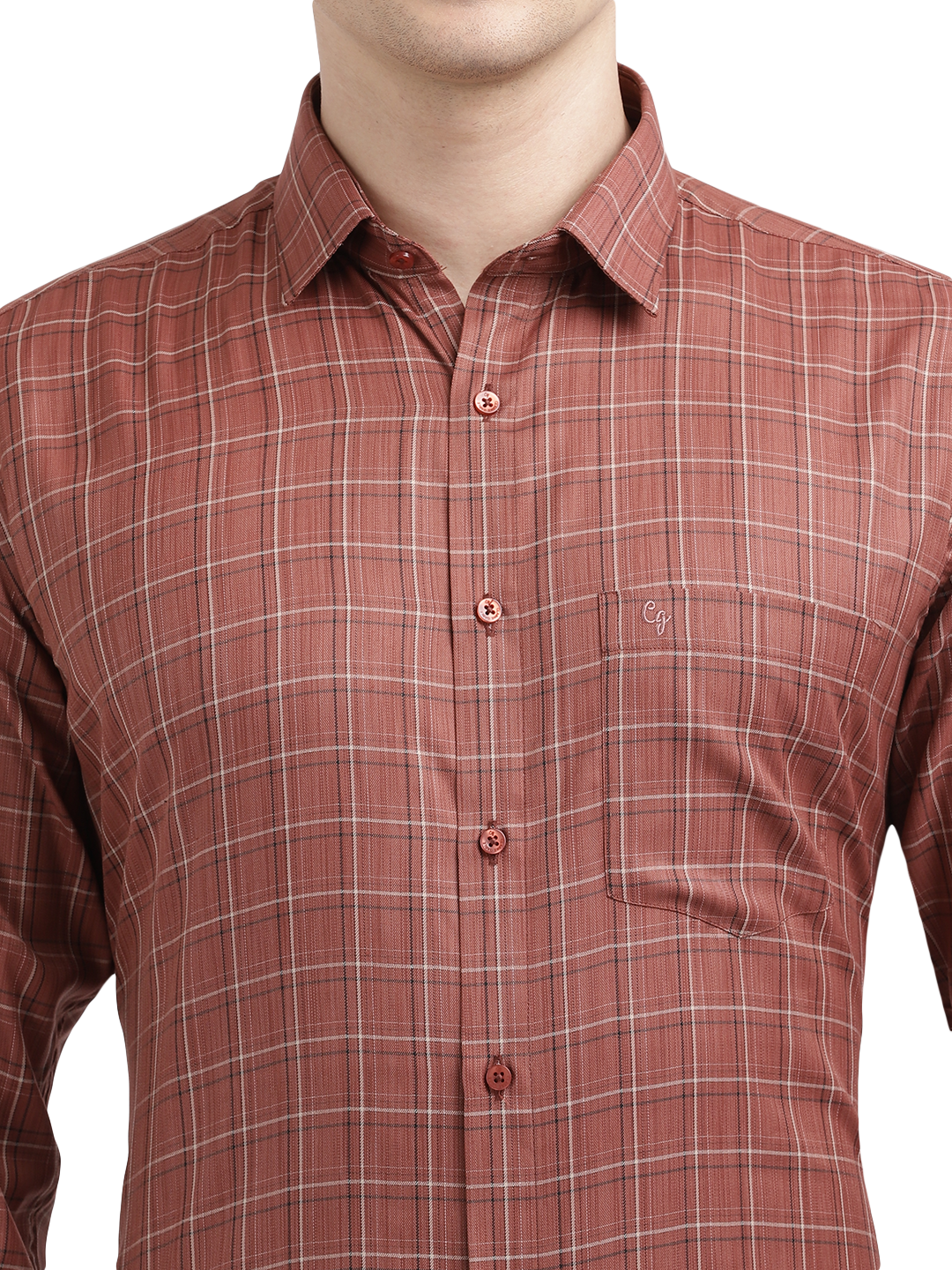 Model wearing Clarke Gable's Reddish Brown Checked Formal Shirt in a casual setting