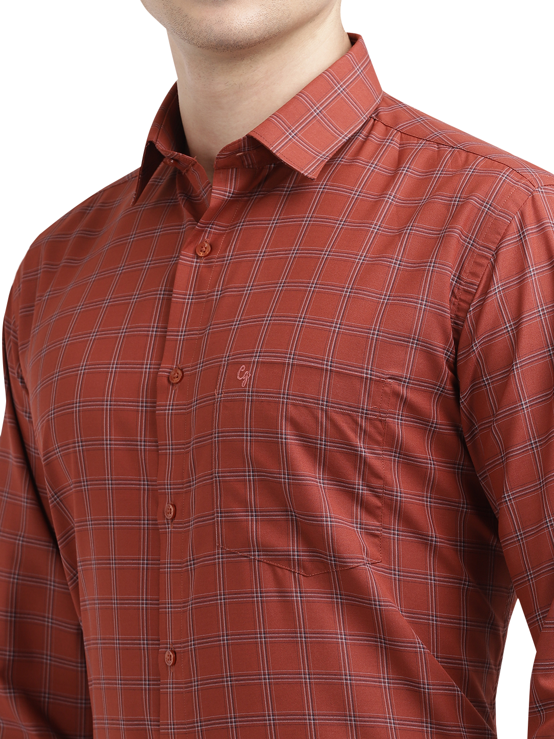Model wearing Clarke Gable's Reddish Brown With White Checked Formal Shirt in a casual setting